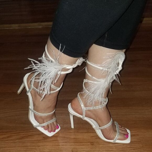 Rhinestone Embellished Open Square Toe Strappy Lace Up Heels - White new - Picture 12 of 12